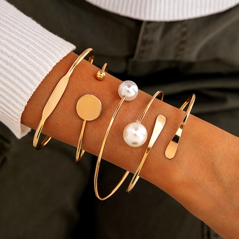 Gold Alloy Bangles And Chain Link Bracelets Bohemian Marble Heart Triangle Geometric Open Cuff Adjustable Layering Jewelry For Women