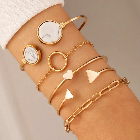 Gold Alloy Bangles And Chain Link Bracelets Bohemian Marble Heart Triangle Geometric Open Cuff Adjustable Layering Jewelry For Women