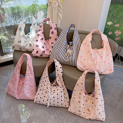 Reversible Tote Bag Women Polyester Seersucker Korean Style Cartoon Bear Stripe Print Shoulder Handbag Large Capacity