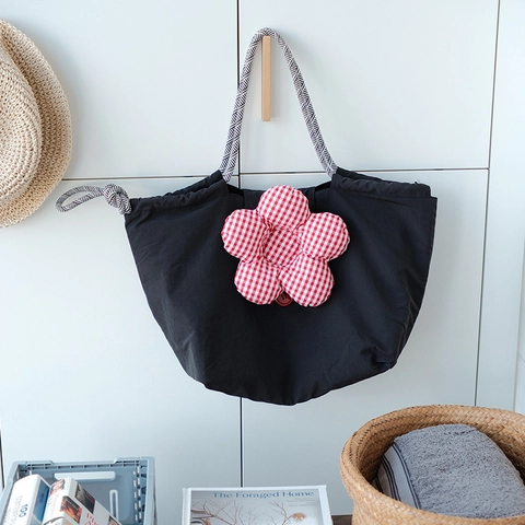 Borsa Da Pranzo Isolata Con Grande Fiore A Scacchi Nylon Termico Tote Per Donne Pendolari Ufficio Picnic Stile Dolce