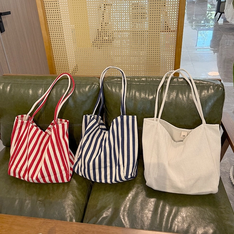 Canvas Tote Bag Mit Großer Kapazität Französisches Streifenmuster Pendler Schultertasche Damen Lässig