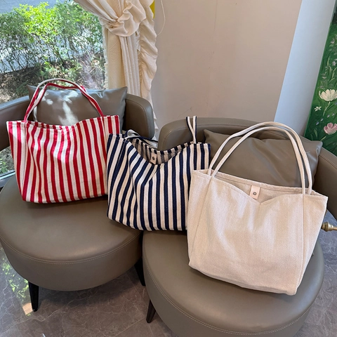 Grote Capaciteit Canvas Tote Bag Frans Strepenpatroon Commuter Schoudertas Dames Casual