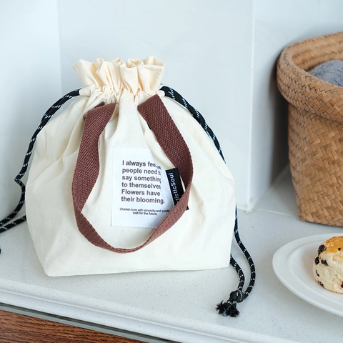 Bolsa de Almuerzo Térmica de Nailon para Mujer Portátil Caja de Bento Bolsa Bloque de Color de Mano Cordón Picnic Almacenamiento Bolso Uso Diario Oficina