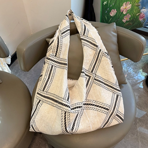 Women Large Capacity Tote Bag Cotton Linen Geometric Rope Pattern Retro Simple Shoulder Bag For Daily Commuting