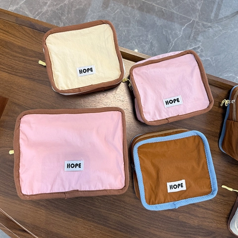 Nylon Makeup Bag Portable Travel Cosmetic Storage Pouch Multi Compartment Organizer With Zipper Simple Contrast Piping For Women