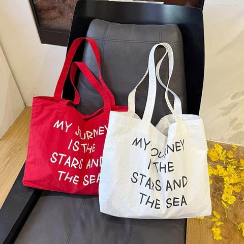 Borsa Tote In Nylon Grande Capacità Con Stampa Slogan Tracolla Leggera Da Donna Stile Urbano Semplice Casual