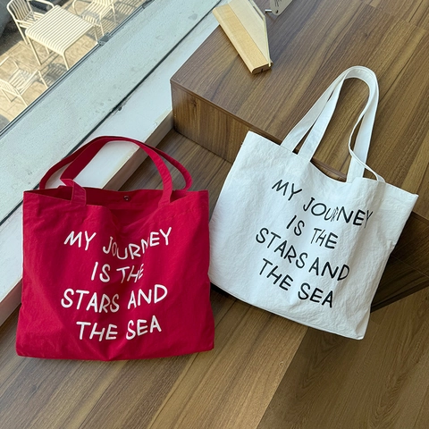 Borsa Tote In Nylon Grande Capacità Con Stampa Slogan Tracolla Leggera Da Donna Stile Urbano Semplice Casual