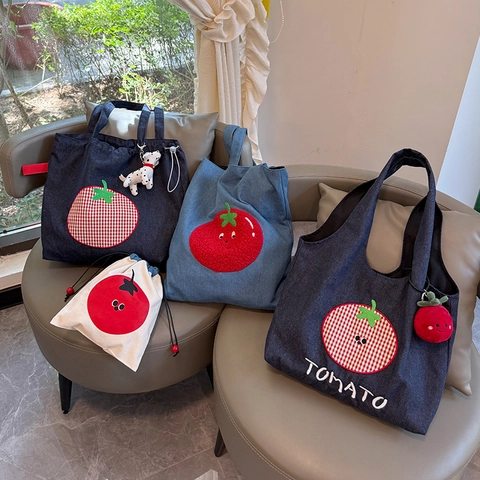 Retro Denim Tomate Stickerei Tote Bag Große Kapazität Leinwand Kordelzug Schultertasche Für Damen Lässig Täglich Shopping