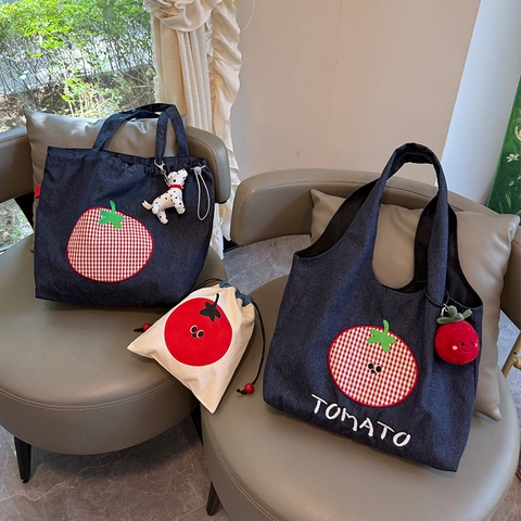 Retro Denim Tomate Stickerei Tote Bag Große Kapazität Leinwand Kordelzug Schultertasche Für Damen Lässig Täglich Shopping