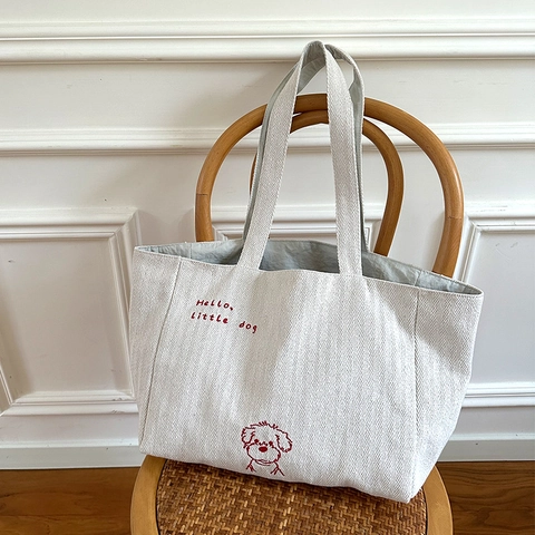 Large Capacity Canvas Tote Bag Reversible Herringbone Weave Red Embroidery Cartoon Dog Pattern Shoulder Handbag Women