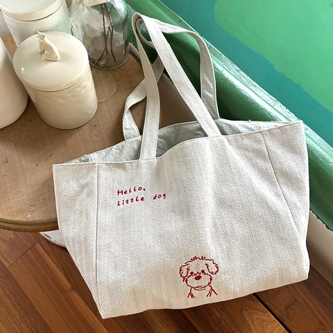 Large Capacity Canvas Tote Bag Reversible Herringbone Weave Red Embroidery Cartoon Dog Pattern Shoulder Handbag Women