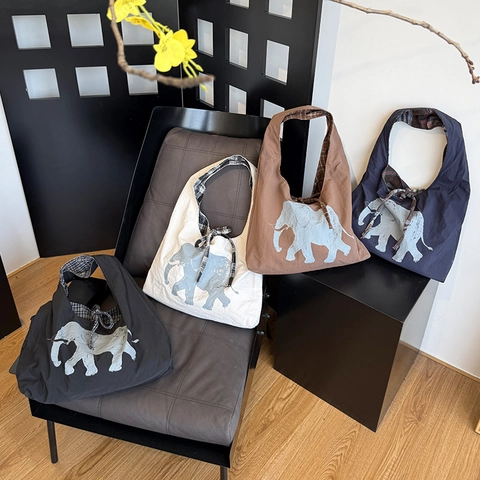Reversible Tote Bag Women Elephant Print Plaid Pattern Large Capacity Drawstring Shoulder Bag Vintage Canvas Style