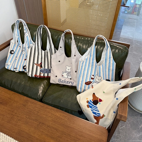 Damen Segeltuch Tote Bag Cartoon Bär Dackel Druck Große Kapazität Schultertasche Gestreift Punktmuster Täglich Lässig Einkaufstasche Mit 3D Beinen