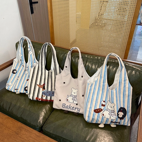 Damen Segeltuch Tote Bag Cartoon Bär Dackel Druck Große Kapazität Schultertasche Gestreift Punktmuster Täglich Lässig Einkaufstasche Mit 3D Beinen