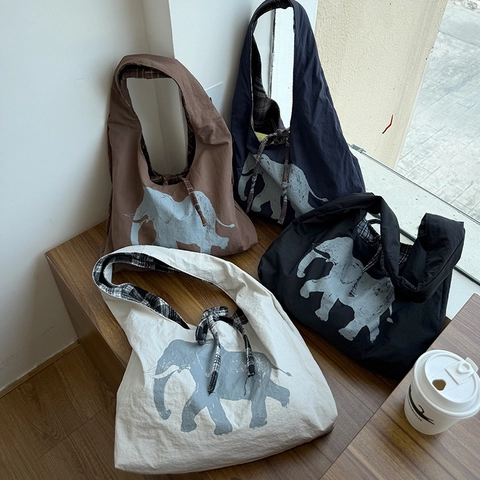 Borsa Tote Reversibile Donna Stampa Elefante Motivo A Quadri Grande Capacità Coulisse Borsa A Spalla Stile Vintage
