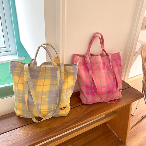 Large Capacity Plaid Canvas Tote Bag Women Checkered Handheld Shoulder Bag Casual Commuter Fashion Handbag Lightweight