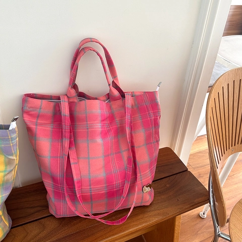 Large Capacity Plaid Canvas Tote Bag Women Checkered Handheld Shoulder Bag Casual Commuter Fashion Handbag Lightweight