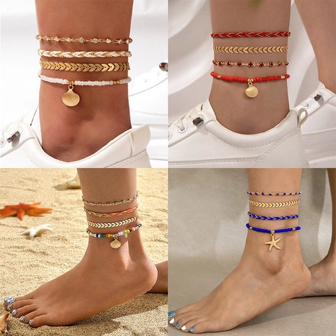 Tobilleras Multicapa de Aleación Concha Estrella de Mar Hoja Abalorios Cuerda Trenzada para Mujer Joyería de Playa de Verano