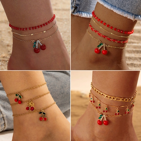 Mehrlagige Kirsch Anhänger Fußkettchen Für Damen Legierung Rote Perlen Strass Frucht Anhänger Strand Fußschmuck Sommer Stil