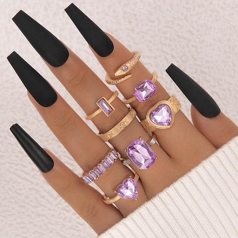 Vintage Alloy Crystal Heart Snake Ring Sets For Women Gold Silver Plated Purple Zirconia Geometric Fashion Jewelry Rings