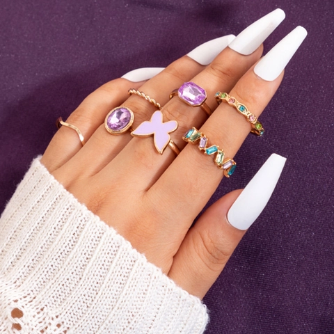 Alloy Gemstone Rings Collection With Butterfly Heart Enamel Details Bohemian Fashion Jewelry For Women Banquet Party Gift