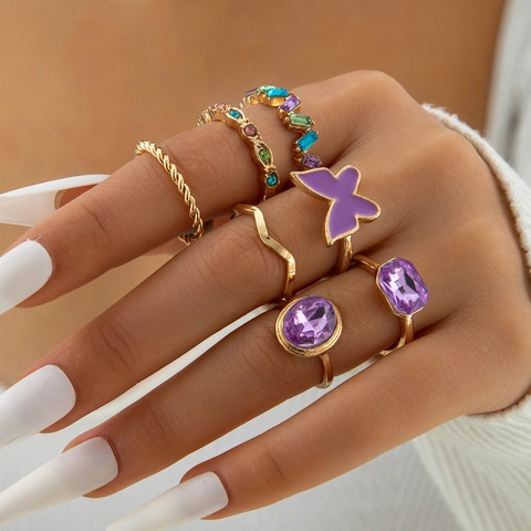 Alloy Gemstone Rings Collection With Butterfly Heart Enamel Details Bohemian Fashion Jewelry For Women Banquet Party Gift