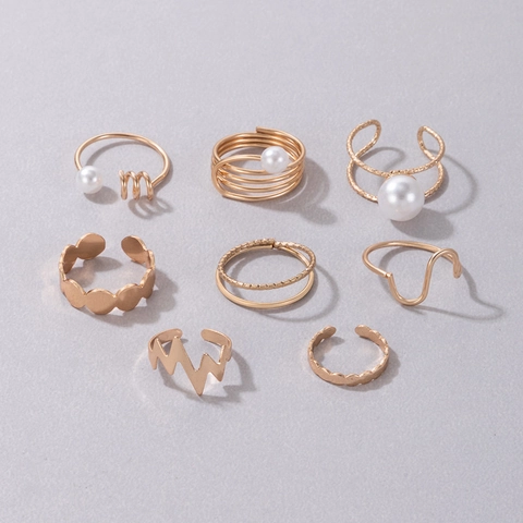 Geometric Irregular Gold Alloy Rings With Faux Artificial Pearls Rhinestones Minimalist Wavy ECG Line Aesthetic Fashion Jewelry
