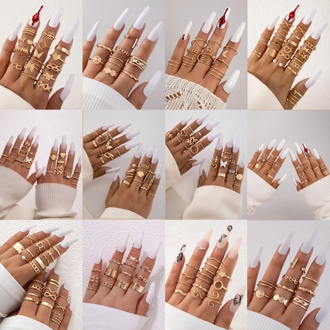 Women Vintage Butterfly Heart Gold Silver Ring Collection Alloy Rhinestone Pearl Bohemia Joint Finger Rings Jewelry Gift