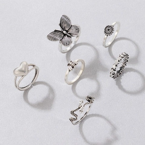 Vintage Silver Color Alloy Ring Butterfly Snake Bee Heart Sunflower Star Bohemia Style Accessory For Women