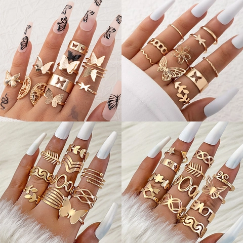 Bohemian Butterfly Alloy Rings For Women Gold Plated Hollow Geometric Heart Leaf Rhinestone Joint Finger Ring Collection