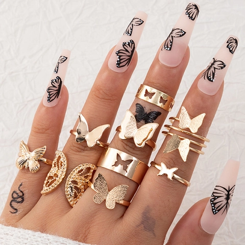 Bohemian Butterfly Alloy Rings For Women Gold Plated Hollow Geometric Heart Leaf Rhinestone Joint Finger Ring Collection