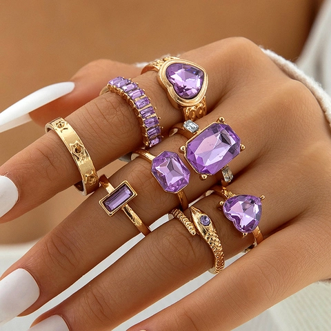 Vintage Alloy Crystal Heart Snake Ring Sets For Women Gold Silver Plated Purple Zirconia Geometric Fashion Jewelry Rings