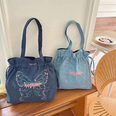 Dames Denim Tote Bag Vlinder Borduurwerk Trekkoord Grote Capaciteit Vintage Casual Schoudertas