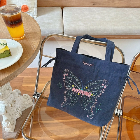 Dames Denim Tote Bag Vlinder Borduurwerk Trekkoord Grote Capaciteit Vintage Casual Schoudertas