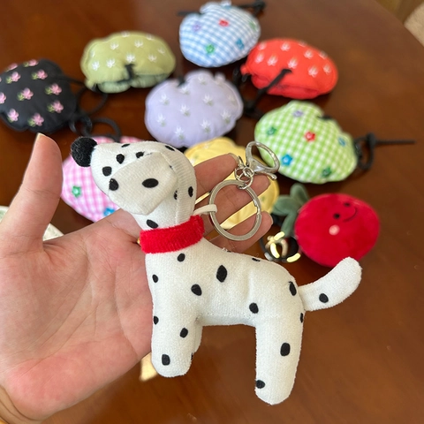 Plush Keychain Bag Pendant Dalmatian Dog Tomato Strawberry Embroidered Cartoon Charms For Backpack Handbag Decor