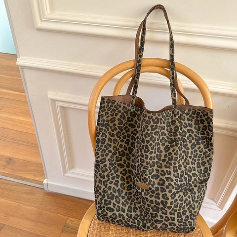 Borsa Tote in Tela Leopardata da Donna Grande Capacità Design Reversibile Doppia Tracolla Vintage Casual Fashion Shopper