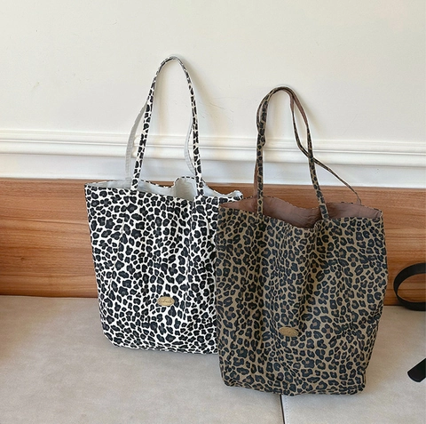 Borsa Tote in Tela Leopardata da Donna Grande Capacità Design Reversibile Doppia Tracolla Vintage Casual Fashion Shopper