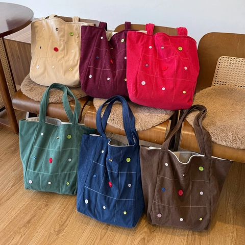Women Corduroy Tote Bag With Colorful Buttons Grid Stitching Retro Large Capacity Shoulder Handbag Casual Daily Use