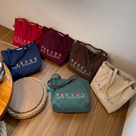 Corduroy Tote Bag Große Kapazität Schulter Handtasche Mit Süßem Pilz Stickerei Reißverschluss Retro Ästhetik Für Damen