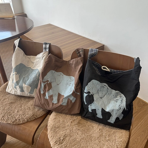 Reversible Umhängetasche Damen Wollmischung Karo Elefantendruck Große Kapazität Retro Herbst Tote Pendeln Vintage