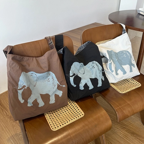 Reversible Crossbody Bag Women Woolen Plaid Elephant Print Large Capacity Retro Autumn Tote Commuting Vintage