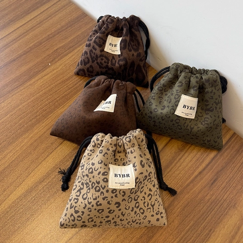 Leopard Print Kordelzug Beutel Tasche Wildlederimitat Tragbare Kleine Aufbewahrung Fuer Schmuck Makeup Reisen Vintage Stil Damen