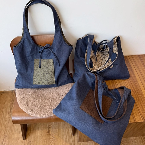Borsa Tote Reversibile Grande Capacità Tela Denim Camoscio Stampa Leopardata Quadri Retro Casual Versatile Borsa A Tracolla