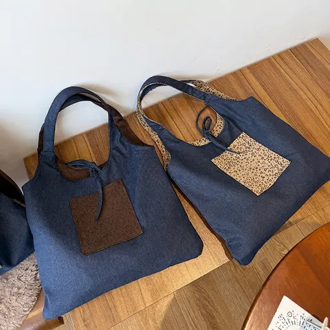 Borsa Tote Reversibile Grande Capacità Tela Denim Camoscio Stampa Leopardata Quadri Retro Casual Versatile Borsa A Tracolla