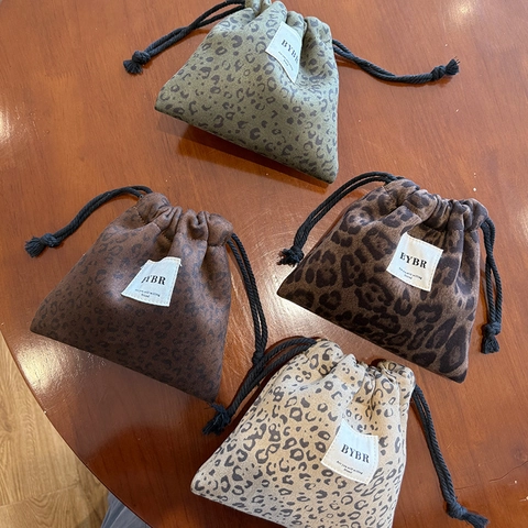 Pochette De Rangement A Cordon Imprime Leopard En Faux Daim Petit Sac Portable Pour Bijoux Maquillage Voyage Style Vintage Femmes