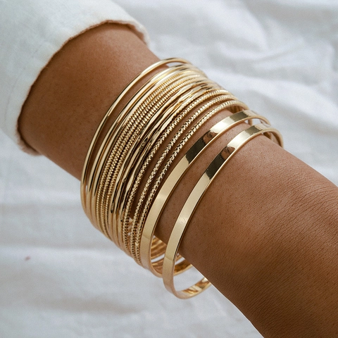 Vintage Gold Alloy Bangle Bracelet Set For Women Punk Wide Irregular Texture Stackable Metal Cuff Bracelets Fashion Jewelry