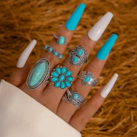 Vintage Bohemian Alloy Turquoise Ring Set For Women Men Ethnic Floral Eagle Feather Geometric Joint Rings Stackable Fashion Jewelry