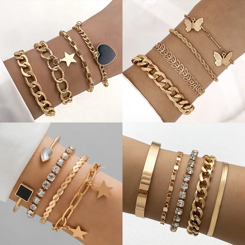 Gold Silver Color Alloy Bracelet Bangles With Rhinestones Star Heart Butterfly Pendants Layered Stackable Fashion Jewelry
