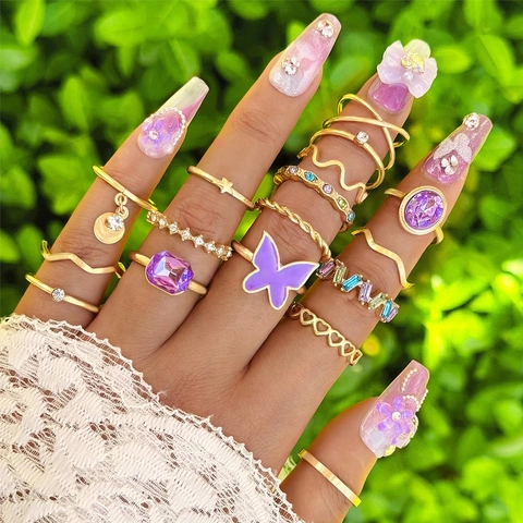 Schmetterling Lila Edelstein Ringe Legierung Straß Hohl Herz Böhmisch Vintage Mode Schmuck Für Frauen Verschiedene Stile
