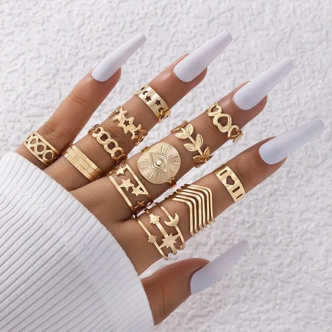 12Stück Vintage Böhmisch Legierung Ring Set Für Damen Gold Silber Strass Auge Herz Schmetterling Blatt Stern Mond Offene Ringe Schmuck